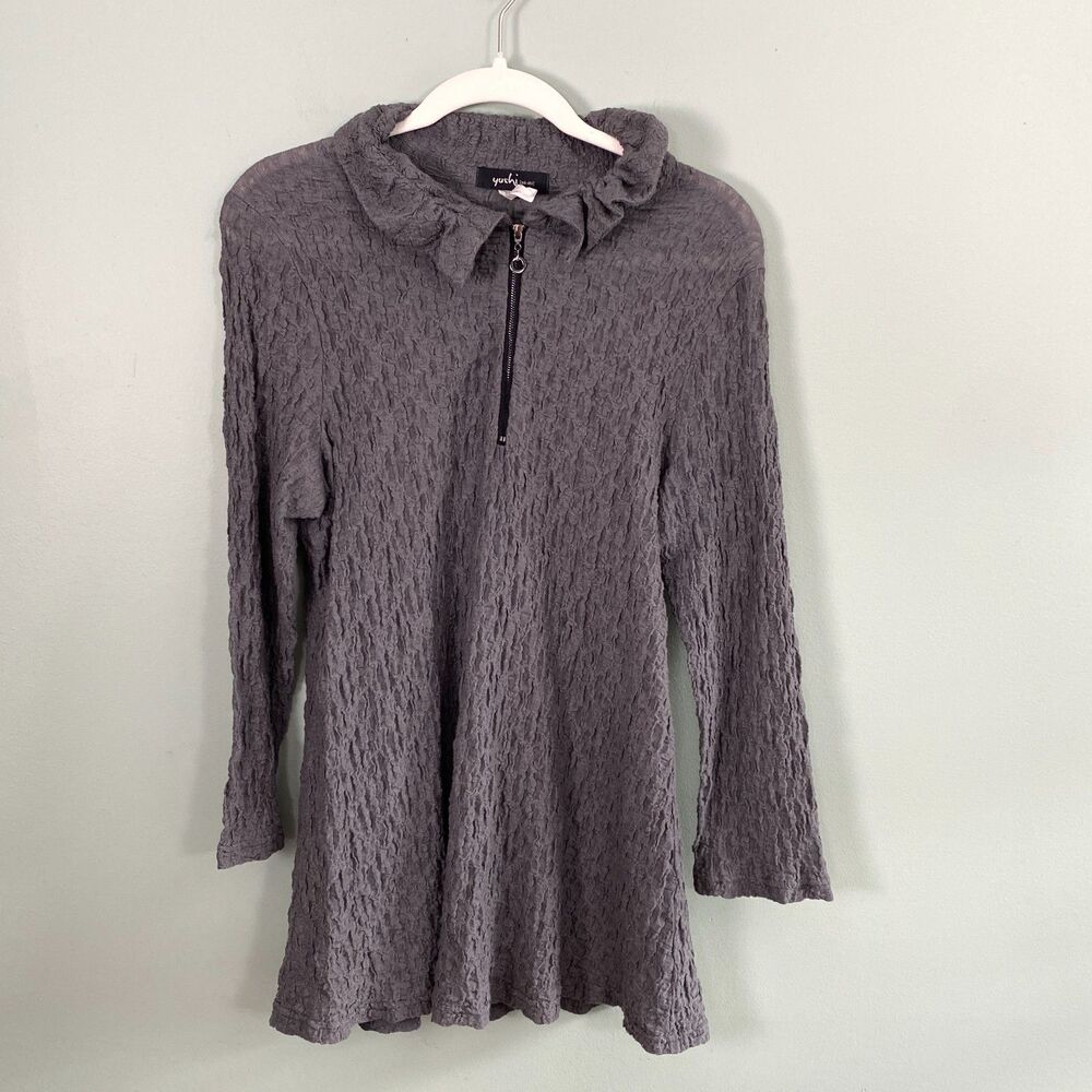 Yushi Top Womens Medium Textured Tunic Gray Ruffle 1/4 Zip Whimsigoth